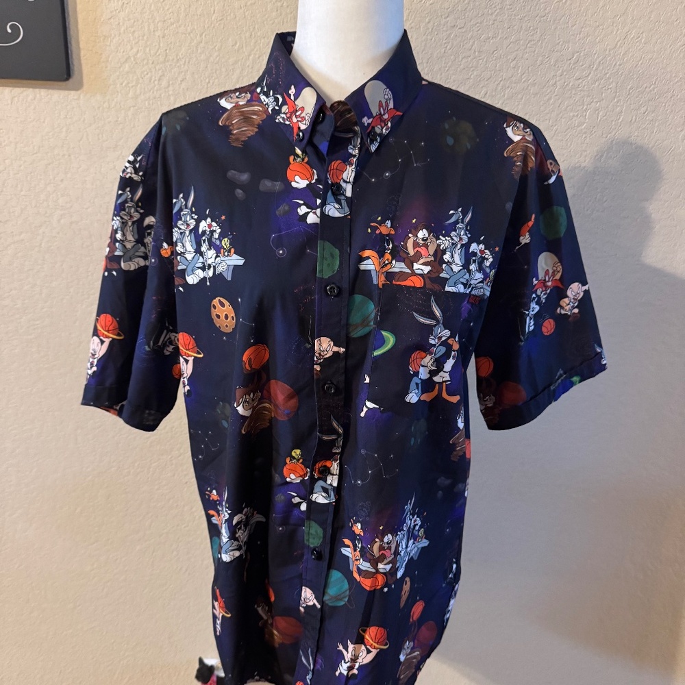 RSVLTS x Space Jam Shirt Mens Sz Large  All Over‎ Print Short Sleeve Button Up